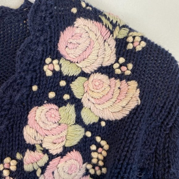 Vintage Margules Knit Sweater Cardigan Floral Embroidered Navy Button Down Small - Picture 4 of 10